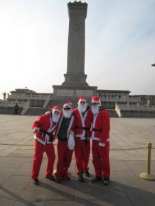 Santas then take over a famous landmark, such as Tiananmen Square.