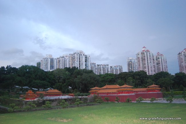 The park's Forbidden City, set against the backdrop of modern Shenzhen.