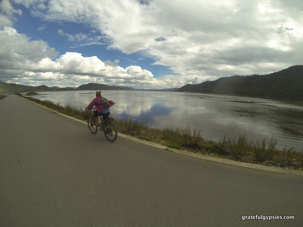 Cycling around Shangr-la's lake.