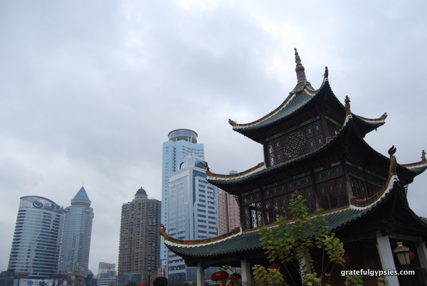 Old and new Chinese buildings.