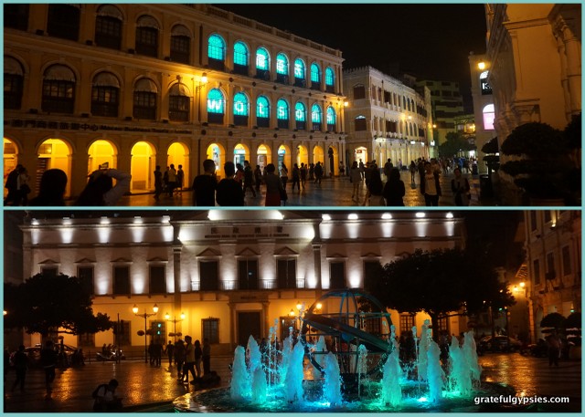 The main square at night.
