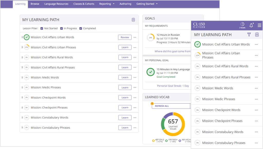 CL-150 Platform new learner dashboard