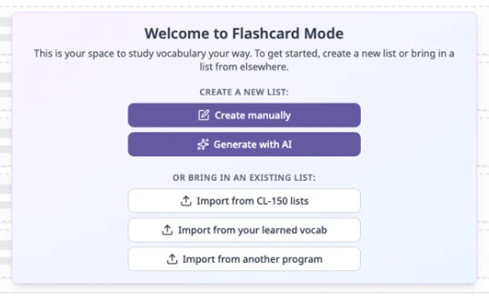 CL-150 Flashcard Mode options for creating vocabulary lists