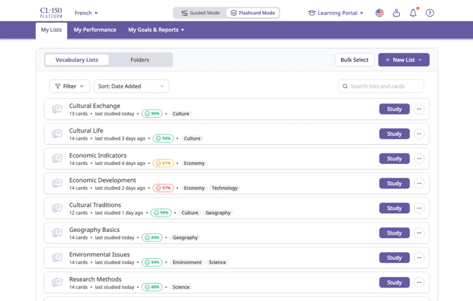 CL-150 Flashcard Mode vocab lists