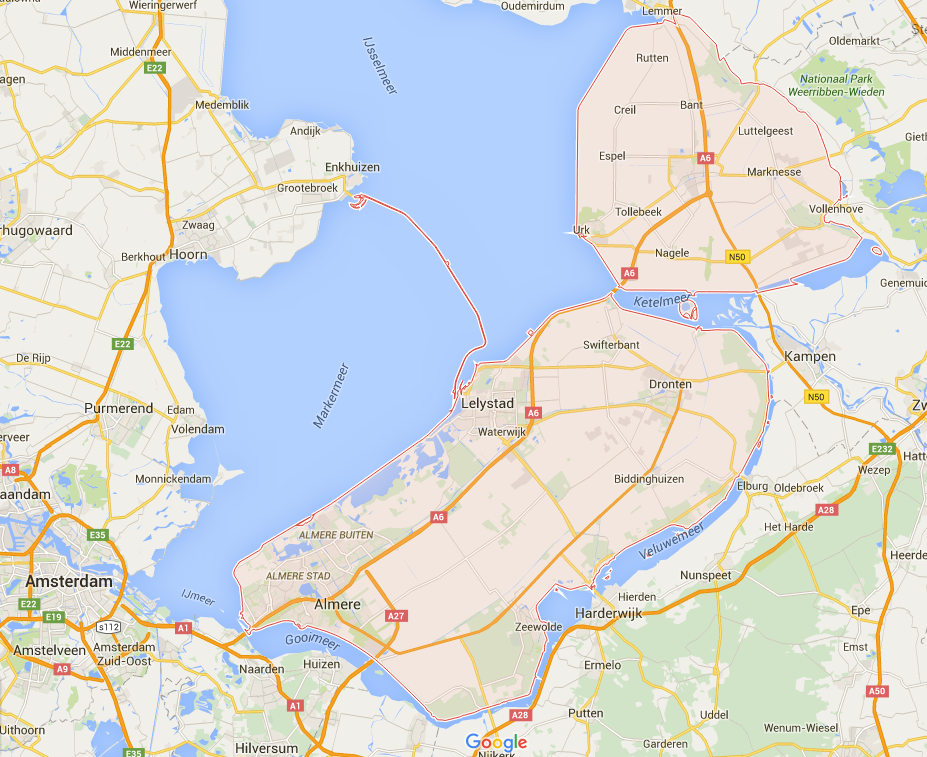 Flevoland - see how close it is to Amsterdam? (Image by Google at Maps.google.com)