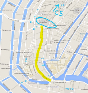 Yellow: the Kalverstraat. Blue circle: The Dam. (Map data by Google, ©2015 Google)