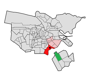 Amsterdam. Red = Over-Amstel. Green = Bijlmermeer. Black dot = Bijlmerbajes. (Original image by Michiel 1972 at Commons.wikimedia.org under license CC BY SA 3.0) 