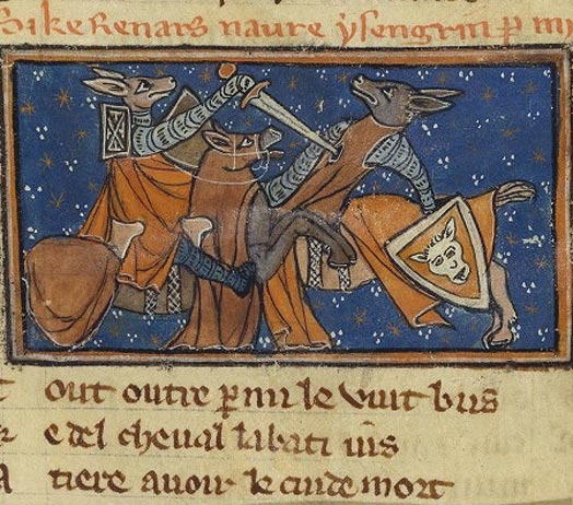 A manuscript illustration from a 13th century text of Van den Vos Reynaerde. Image via Wikimedia Commons under Public Domain.