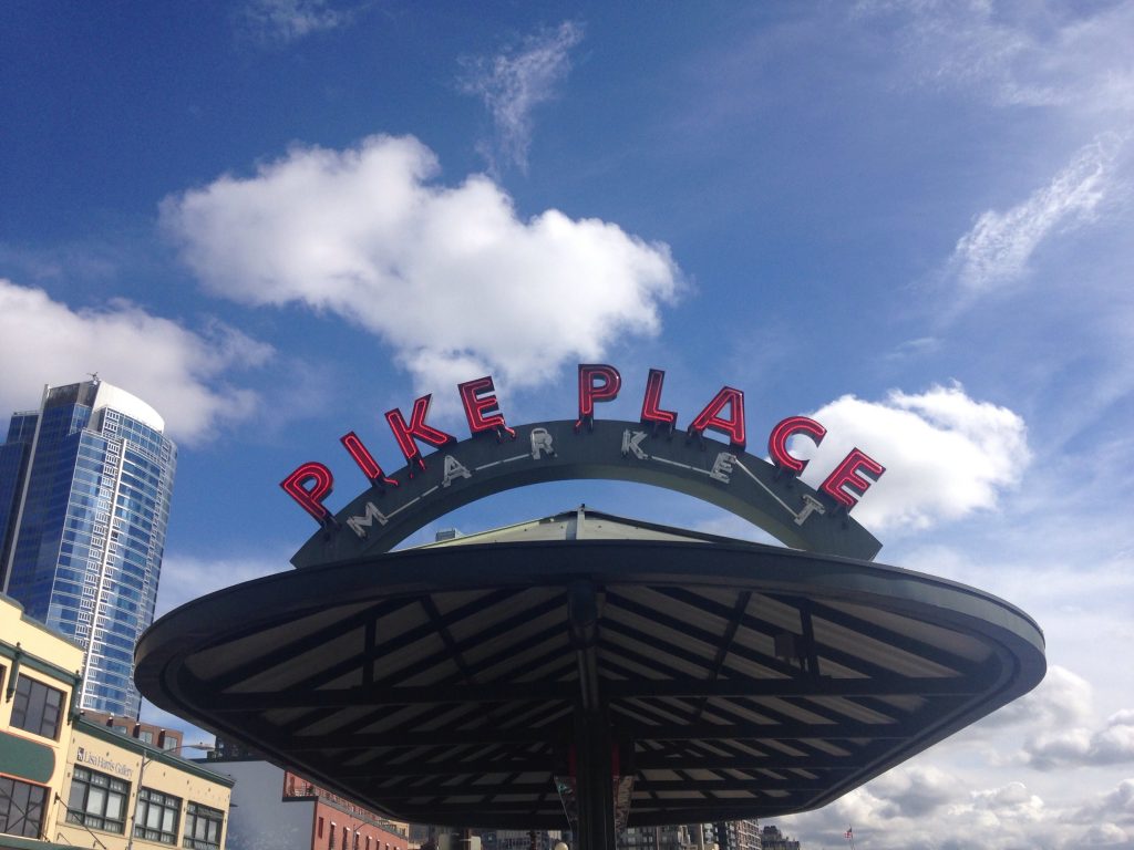 The Pike Place Market sign in Seattle, WA. 