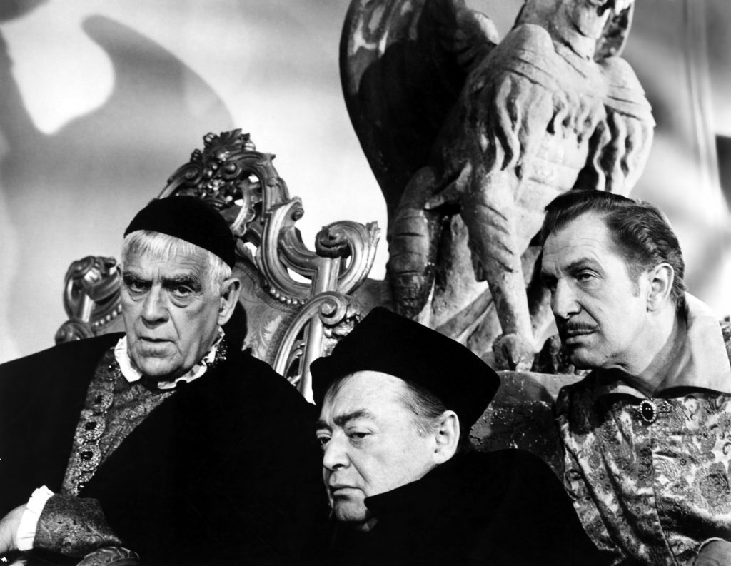 Boris Karloff, Peter Lorre, and Vincent Price in "The Raven"
