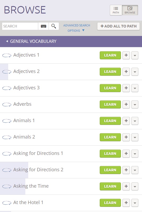 Switch to the Browse tab to see what other content is available. Vocabulary lists can be found under "Supplemental Vocabulary".
