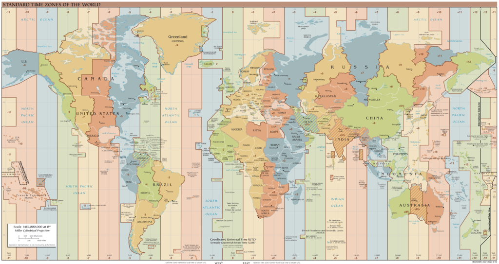 "Standard World Time Zones" by TimeZonesBoy. Licensed under CC BY-SA 4.0 via Wikimedia Commons. - https://commons.wikimedia.org/wiki/File:Standard_World_Time_Zones.png#/media/File:Standard_World_Time_Zones.png