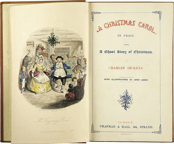 Charles Dickens: A Christmas Carol, Title page, First edition 1843. Wikimedia Commons.