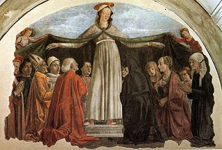 'Madonna della misericordia' le Domenico Ghirlandaio. Deirtear gurb é Amerigo an déagóir atá ina sheasamh in aice leis an Maighdean Mhuire. (Domenico Ghirlandaio [Public domain], via Wikimedia Commons)