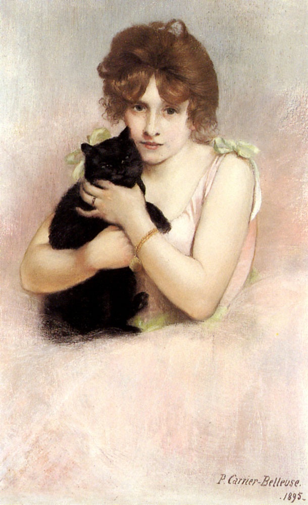 Cailín Bailé Óg agus Cat Dubh ina Lámha, le Pierre Carrier-Belleuse, 1895 (fearann poiblí) 