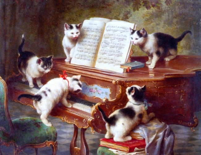 Piscíní ar na heochracha -- dáiríre! (Carl Reichert, 1908, The Kittens Recital; http://vintageprintable.swivelchairmedia.com/animal/animal-animals-acting-human/animal-animal-acting-human-kittens-playing-piano/)