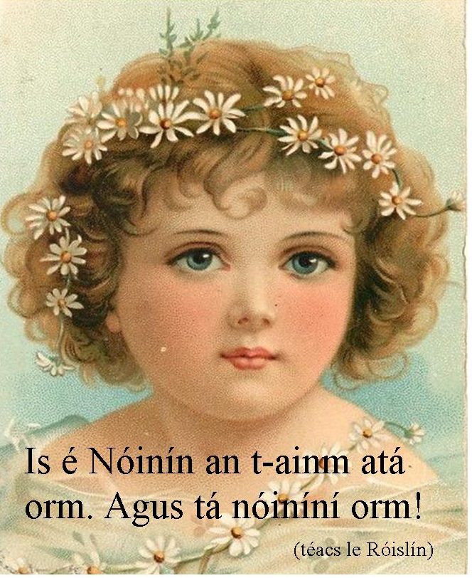 Translation: My name is Nóinín. And Im wearing daisies [nóiníní]! Graphic: pre-1923 image.