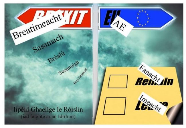 Bhuel, at least we can get some vocabulary mileage out of this issue by translating the words, so we have five choices for 'Brexit,' plus 'fanacht,' 'imeacht,' 'Aontas Eorpach,' and more. (graphic: www.publicdomainpictures.net/view-image.php?image=176869&picture=brexit) 