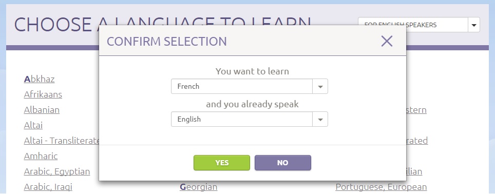 Language selector confirmation