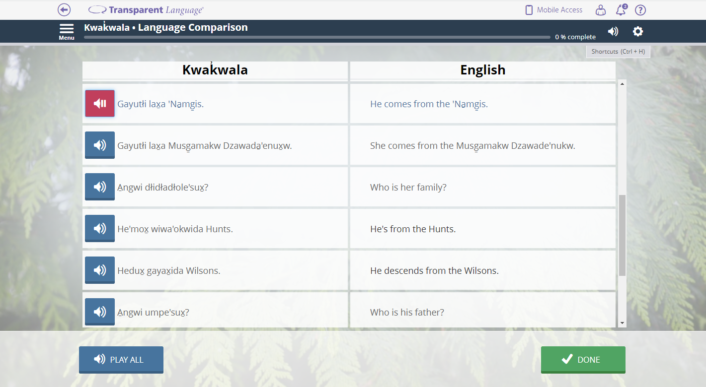 Kwakwala course Transparent Language Online