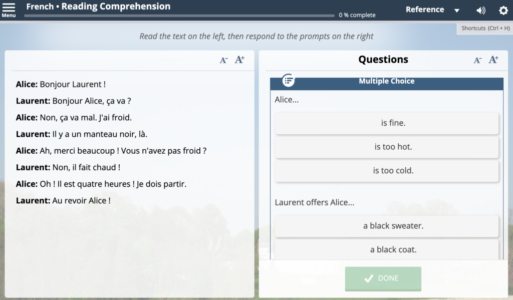 Reading comprehension in french conversation course for beginners
