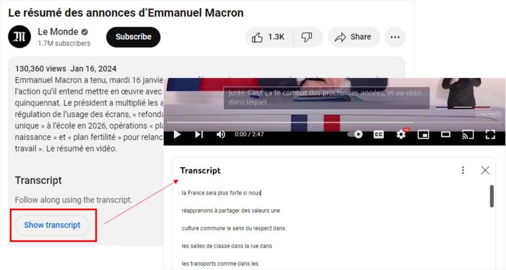 how to find the transcription on youtube videos