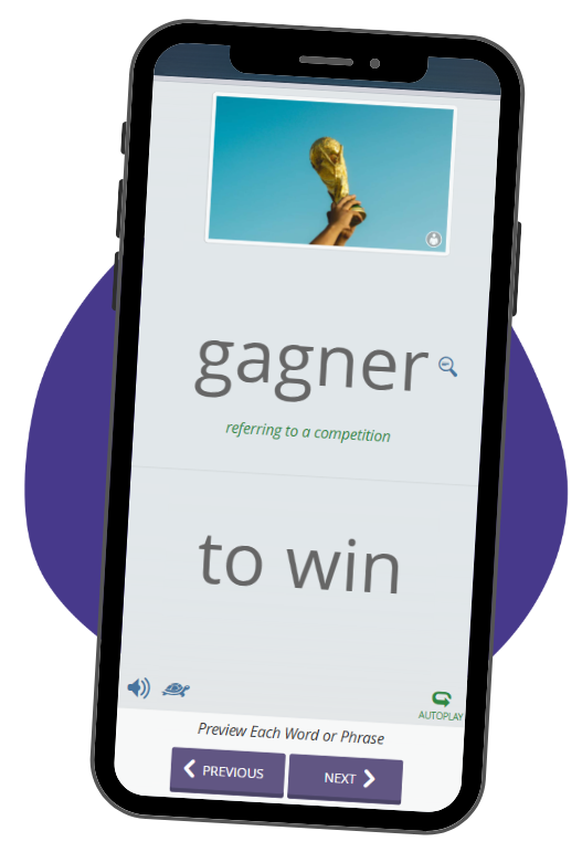 A screenshot of the vocabulary item "to win" in French.