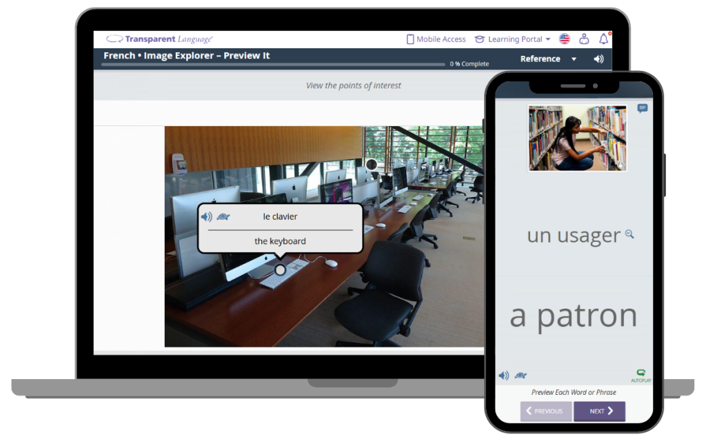 The French for Library Professionals course is shown on a laptop and phone screen. The laptop shows an imag of a library with vocabulary on top. The phone shows a vocabulary activity.