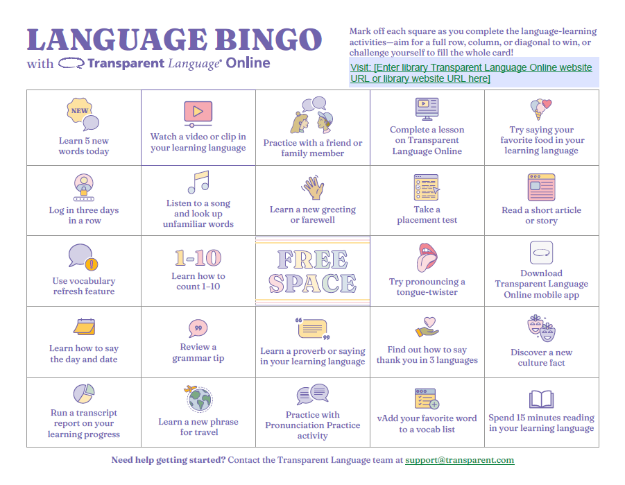 Transparent Language language learning bingo game