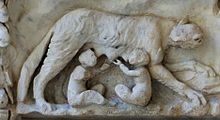 Romulus and Remus fed by the she-wolf. Panel from an alter.   (98-117 CE), 