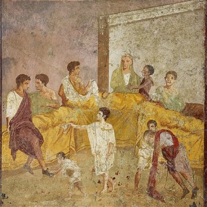 A fresco of a dinner, found in Pompeii.  
