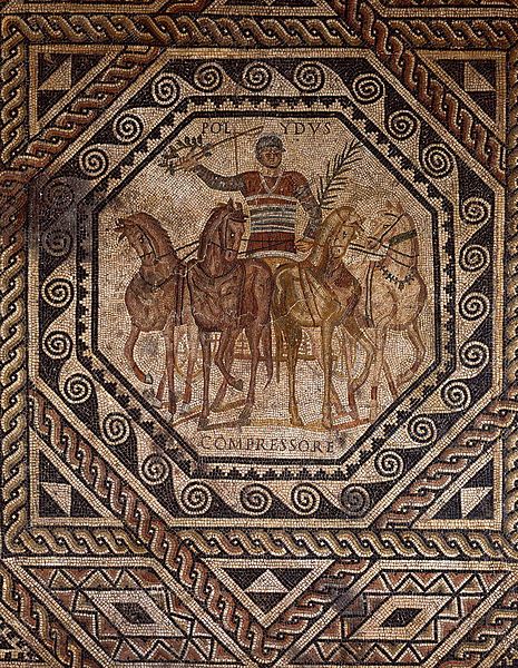 Mosaic with Polydus the charioteer and his lead horse: Compressor. Rheinisches Landesmuseum Trier.