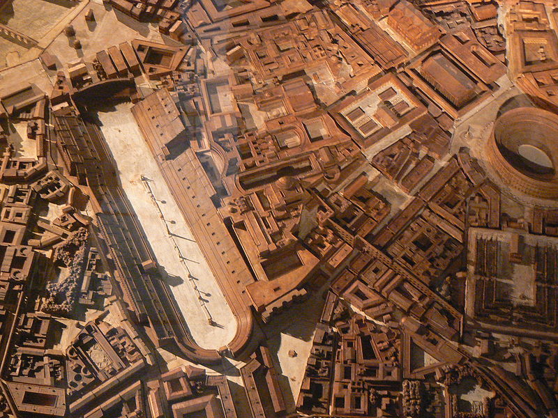 Model of Rome in the 4th century AD, by Paul Bigot. The Circus lies between the Aventine (left) and Palatine (right); the oval structure to the far right is the Colisseum