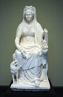 Cybele enthroned, with lion, cornucopia and Mural crown. Roman marble, c. 50 CE. Getty Museum