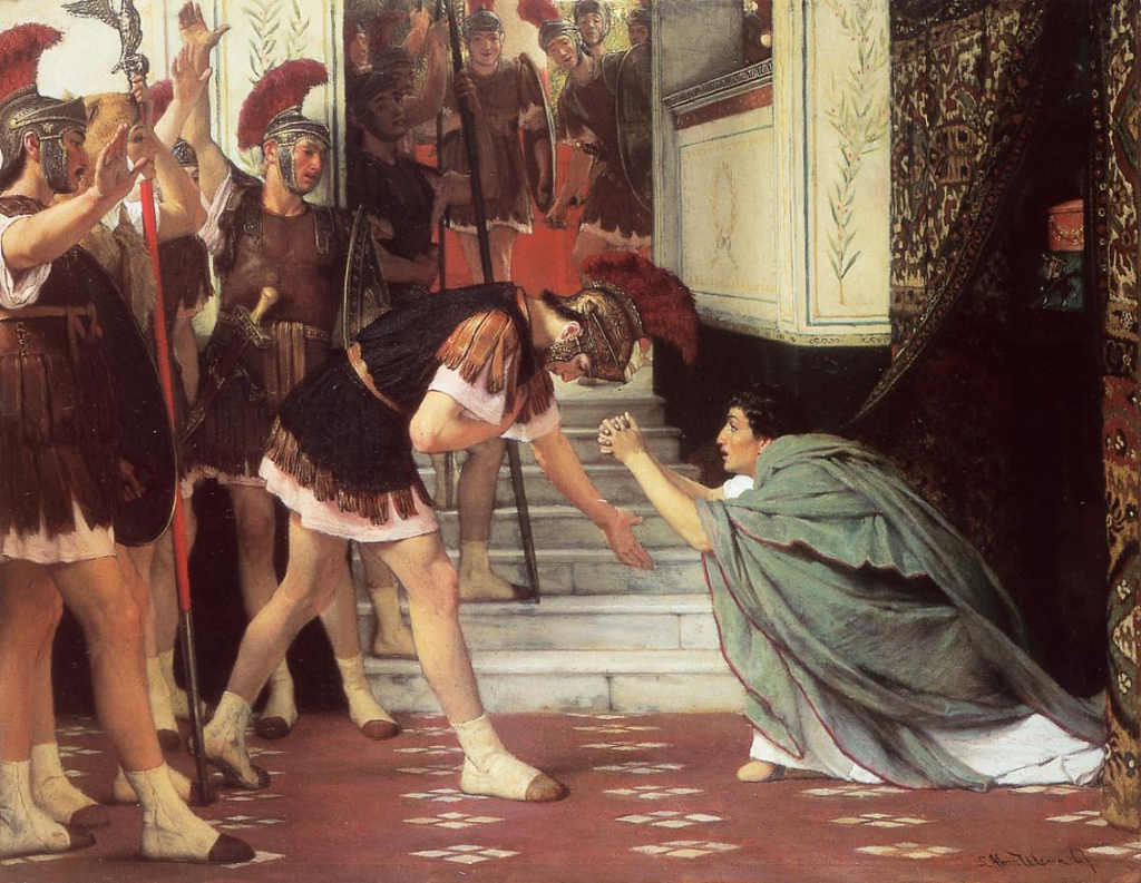 Proclaiming Claudius Emperor, by Lawrence Alma-Tadema, oil on canvas, c. 1867. According to one version of the story of Claudius' ascension to the role of Emperor, members of the Praetorian Guard found him hiding behind a curtain in the aftermath of the murder of Caligula in 41, and proclaimed him emperor.