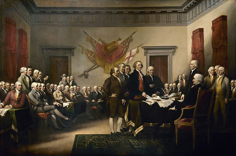 Declaration of Independence, a painting by John Trumbull depicting the Committee of Five presenting their draft of the Declaration of Independence to the Congress on June 28, 1776. Courtesy of Wikicommons & Harpsichord246.