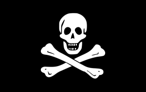 The traditional "Jolly Roger" of piracy. Courtesy of WikiCommons, Edward England, Manuel Strehl, and WarX.
