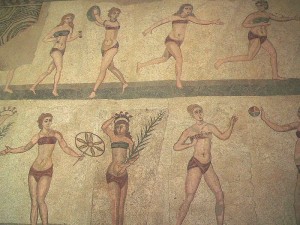 Mosaic showing Roman women in various recreational activities. Courtesy of WikiCommons & Disdero.