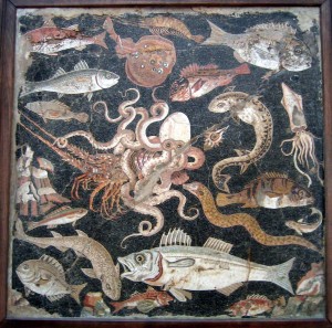 Seafood was very popular in the Roman cuisine as well. An array of creatures that may have been found in a "piscine." Sea creatures mosaic ( Attention to the Eel near the right bottom corner) from Pompeii; National Archaeological Museum of Naples, Italy. Courtesy of WikiCommons & Massimo Finizio.