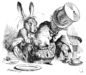 The March Hare and the Hatter put the Dormouse's head in a teapot. Illustration by John Tenniel.. Courtesy of WikiCommons and JasonAQuest.