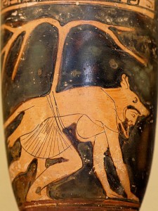 Ancient Example of Werewolf: Dolon wearing a wolf-skin. Attic red-figure vase, c. 460 BC. Courtesy of WikiCommons.