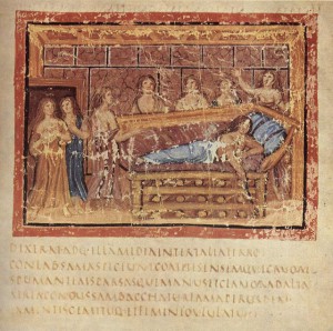Aeneid, Book IV, Death of Dido. From the Vergilius Vaticanus (Vatican Library, Cod. Vat. lat. 3225). Courtesy of WikiCommons.