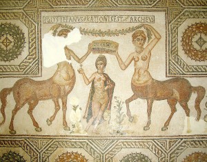 Female centaurs flanking Venus (Mosaic from Roman Tunisia, 2nd century AD).Courtesy of WikiCommons & GiorcesBardo55 .