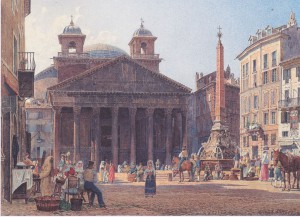 An 1835 view of the Pantheon by Rudolf von Alt, showing twin bell towers, often misattributed to Bernini. Courtesy of Wikicommons.