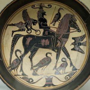 A confident rider, surrounded by birds of good omen is approached by a Nike bearing victor's wreaths on this Laconian black-figured kylix, ca. 550–530 BCE. Courtesy of WikiCommons.
