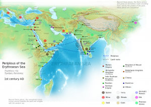 The trade relations between Rome and the East, including China, according to the 1st century BC navigation guide Periplus of the Erythraean Sea. Courtesy of George Tsiagalakis / CC-BY-SA-4 licence