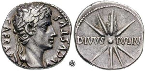 Coin minted by Augustus (c. 19–18 BC); Obverse: CAESAR AVGVSTVS, laureate head right/Reverse: DIVVS IVLIV[S], with comet (star) of eight rays, tail upward. Courtesy of Classical Numismatic Group, Inc. and Wikicommons