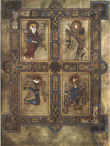 The Book of Kells. Folio 27v contains the symbols of the Four Evangelists (Clockwise from top left): a man (Matthew), a lion (Mark), an eagle (John) and an ox (Luke). Courtesy of WikiCommons.
