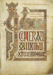 Book of Kells. Folio 27r from the Lindisfarne Gospels contains the incipit Liber generationis of the Gospel of Matthew. Compare this page with the corresponding page from the Book of Kells (see here), especially the form of the Lib monogram. Courtesy of WikiCommons.