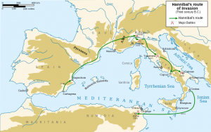 Hannibals route to Italy. Courtesy of WikiCommons & Albalg.